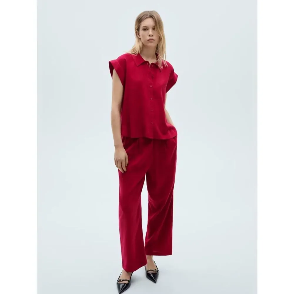 Mango Co-Ord Linen Set Flowy Pants and Blouse New